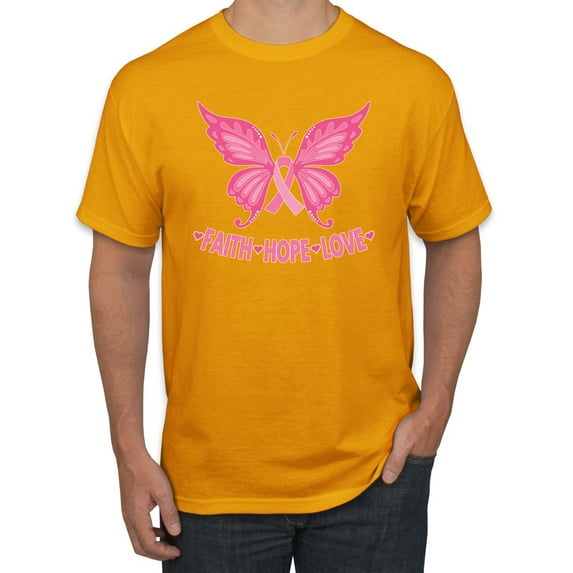 Wild Bobby, Butterfly Pink Ribbon Faith Hope Love, Breast Cancer Awareness, Men Graphic Tee, Gold, 3X-Large