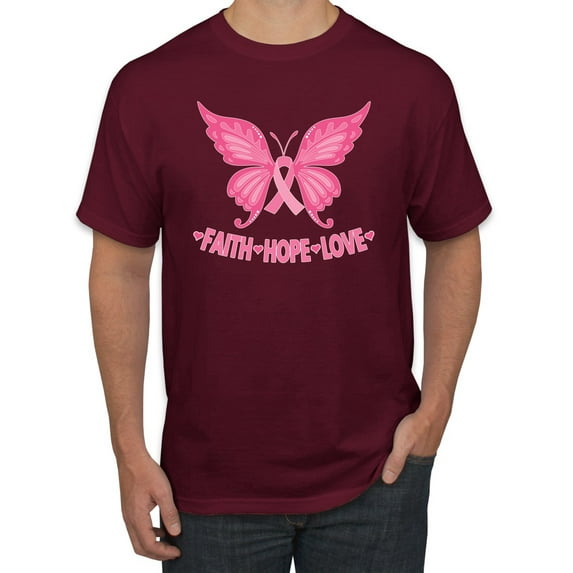 Wild Bobby, Butterfly Pink Ribbon Faith Hope Love, Breast Cancer Awareness, Men Graphic Tee, Maroon, XX-Large