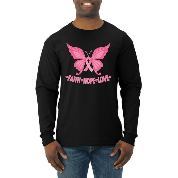 Wild Bobby, Butterfly Pink Ribbon Faith Hope Love, Breast Cancer Awareness, Men Long Sleeve Shirt, Black, Small