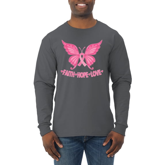 Wild Bobby, Butterfly Pink Ribbon Faith Hope Love, Breast Cancer Awareness, Men Long Sleeve Shirt, Charcoal, Small