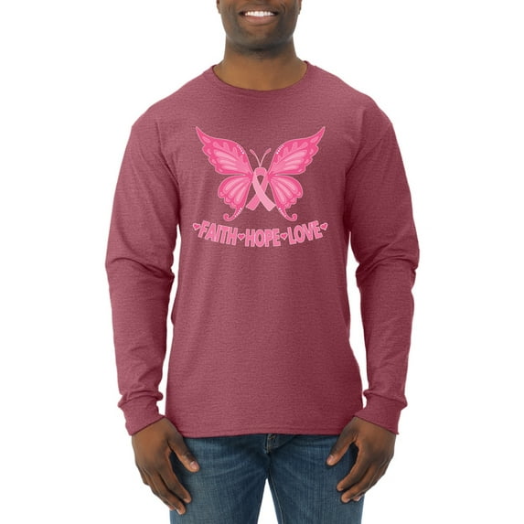 Wild Bobby, Butterfly Pink Ribbon Faith Hope Love, Breast Cancer Awareness, Men Long Sleeve Shirt, Vintage Heather Red, XX-Large