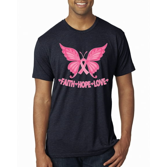 Wild Bobby, Butterfly Pink Ribbon Faith Hope Love, Breast Cancer Awareness, Men Premium Tri Blend Tee, Vintage Navy, Small