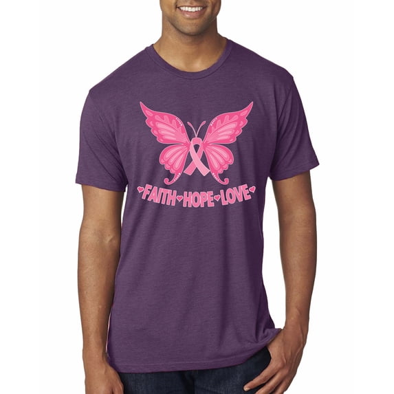 Wild Bobby, Butterfly Pink Ribbon Faith Hope Love, Breast Cancer Awareness, Men Premium Tri Blend Tee, Vintage Purple, Medium