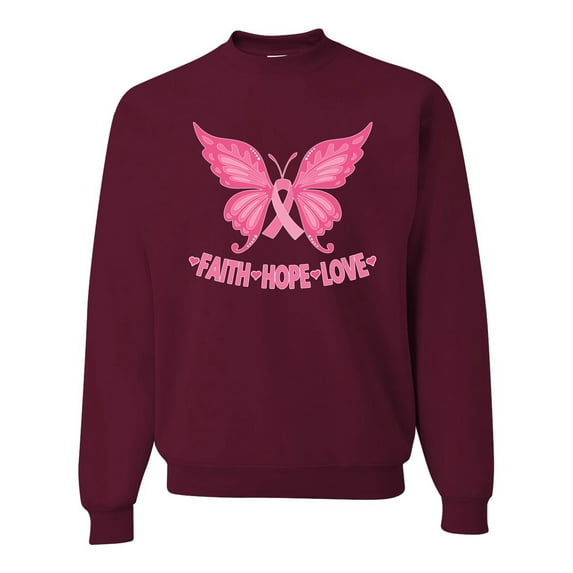 Wild Bobby, Butterfly Pink Ribbon Faith Hope Love, Breast Cancer Awareness, Unisex Crewneck Graphic Sweatshirt, Maroon, XX-Large