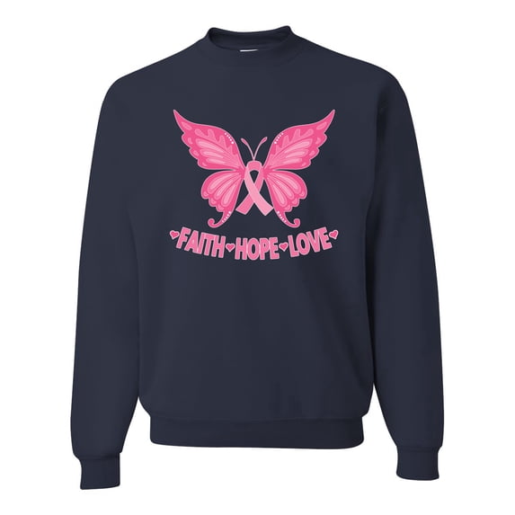 Wild Bobby, Butterfly Pink Ribbon Faith Hope Love, Breast Cancer Awareness, Unisex Crewneck Graphic Sweatshirt, Navy, Large