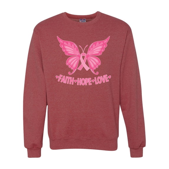 Wild Bobby, Butterfly Pink Ribbon Faith Hope Love, Breast Cancer Awareness, Unisex Crewneck Graphic Sweatshirt, Vintage Heather Red, XX-Large