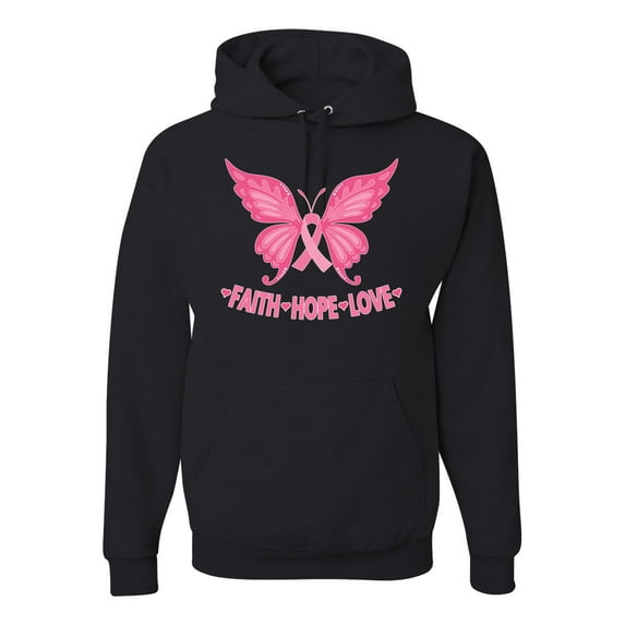 Wild Bobby, Butterfly Pink Ribbon Faith Hope Love, Breast Cancer Awareness, Unisex Graphic Hoodie Sweatshirt, Black, Small