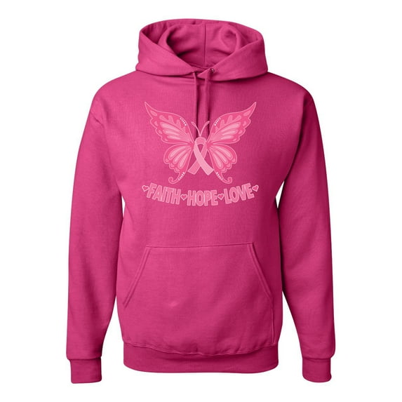 Wild Bobby, Butterfly Pink Ribbon Faith Hope Love, Breast Cancer Awareness, Unisex Graphic Hoodie Sweatshirt, Fuschia, Small