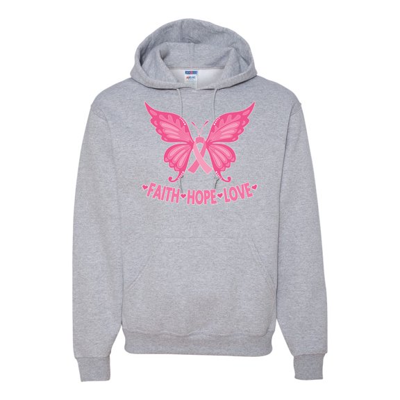 Wild Bobby, Butterfly Pink Ribbon Faith Hope Love, Breast Cancer Awareness, Unisex Graphic Hoodie Sweatshirt, Heather Grey, X-Large