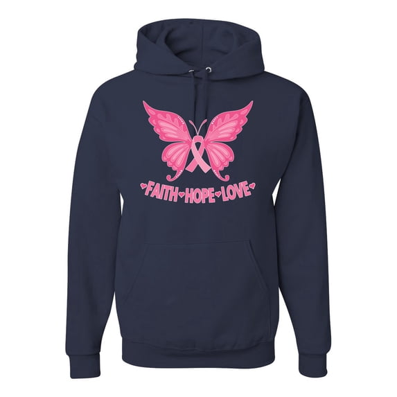 Wild Bobby, Butterfly Pink Ribbon Faith Hope Love, Breast Cancer Awareness, Unisex Graphic Hoodie Sweatshirt, Navy, Small