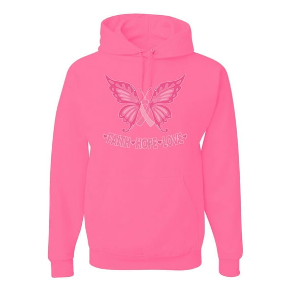 Wild Bobby, Butterfly Pink Ribbon Faith Hope Love, Breast Cancer Awareness, Unisex Graphic Hoodie Sweatshirt, Neon Pink, X-Large