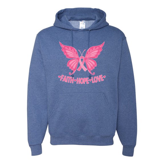 Wild Bobby, Butterfly Pink Ribbon Faith Hope Love, Breast Cancer Awareness, Unisex Graphic Hoodie Sweatshirt, Vintage Heather Blue, X-Large