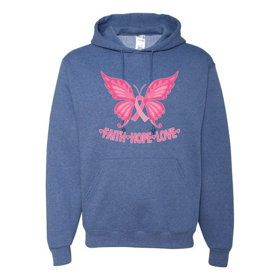 Wild Bobby, Butterfly Pink Ribbon Faith Hope Love, Breast Cancer Awareness, Unisex Graphic Hoodie Sweatshirt, Vintage Heather Blue, XX-Large