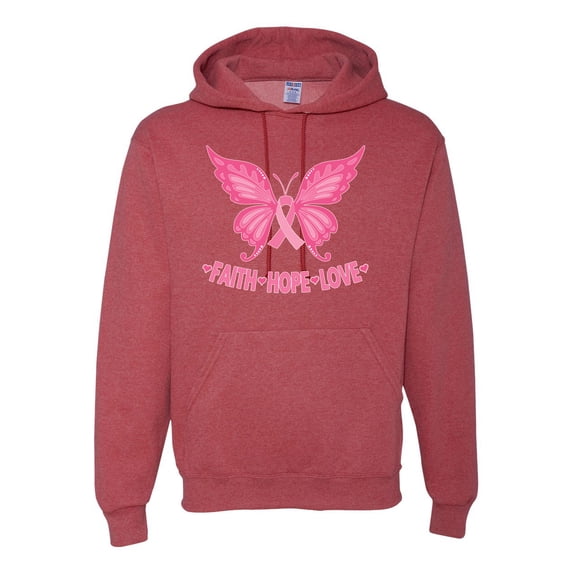 Wild Bobby, Butterfly Pink Ribbon Faith Hope Love, Breast Cancer Awareness, Unisex Graphic Hoodie Sweatshirt, Vintage Heather Red, Small