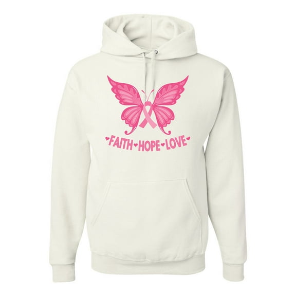 Wild Bobby, Butterfly Pink Ribbon Faith Hope Love, Breast Cancer Awareness, Unisex Graphic Hoodie Sweatshirt, White, X-Large