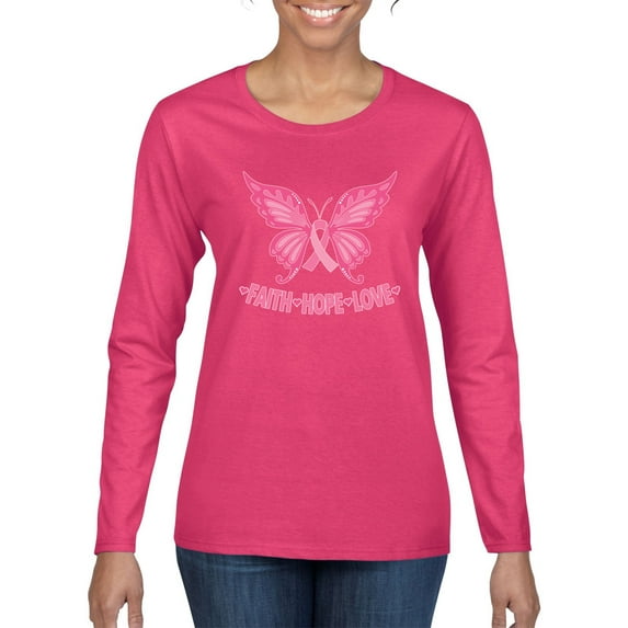 Wild Bobby Butterfly Pink Ribbon Faith Hope Love Breast Cancer Awareness Women Graphic Long Sleeve T-Shirt, Fuschia, Small