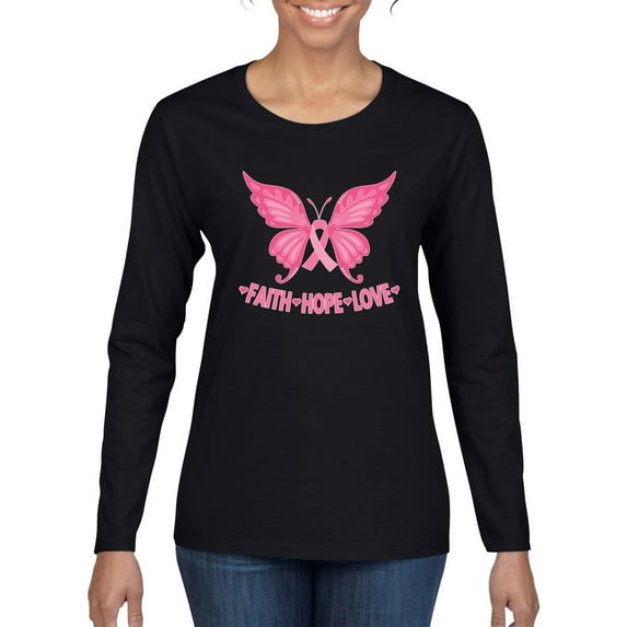 Wild Bobby, Butterfly Pink Ribbon Faith Hope Love, Breast Cancer Awareness, Women Graphic Long Sleeve Tee, Black, Large