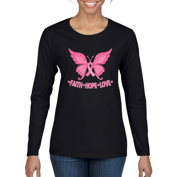 Wild Bobby, Butterfly Pink Ribbon Faith Hope Love, Breast Cancer Awareness, Women Graphic Long Sleeve Tee, Black, Small