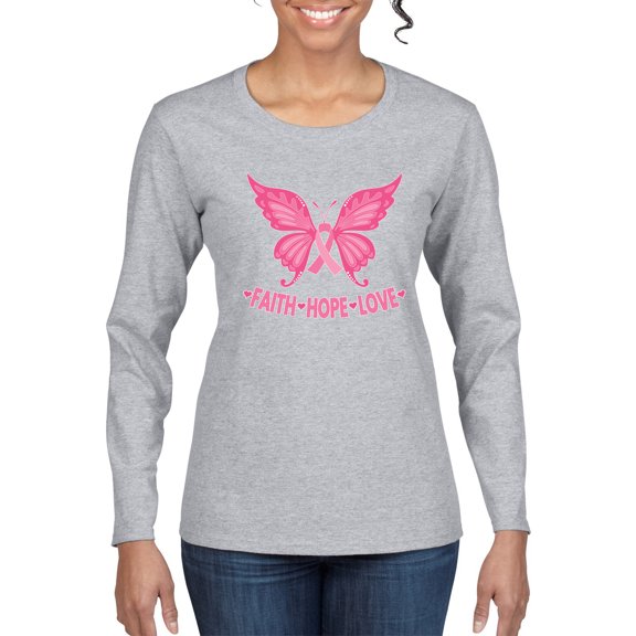Wild Bobby, Butterfly Pink Ribbon Faith Hope Love, Breast Cancer Awareness, Women Graphic Long Sleeve Tee, Heather Grey, X-Large