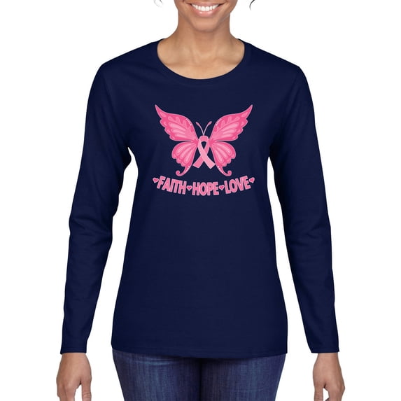Wild Bobby, Butterfly Pink Ribbon Faith Hope Love, Breast Cancer Awareness, Women Graphic Long Sleeve Tee, Navy, XX-Large