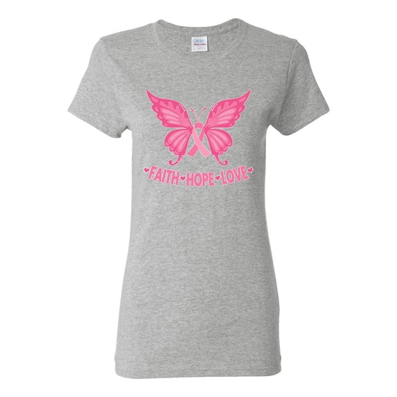 Wild Bobby, Butterfly Pink Ribbon Faith Hope Love, Breast Cancer Awareness, Women Graphic Tee, Heather Grey, Medium