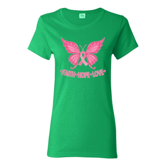 Wild Bobby, Butterfly Pink Ribbon Faith Hope Love, Breast Cancer Awareness, Women Graphic Tee, Kelly, X-Large