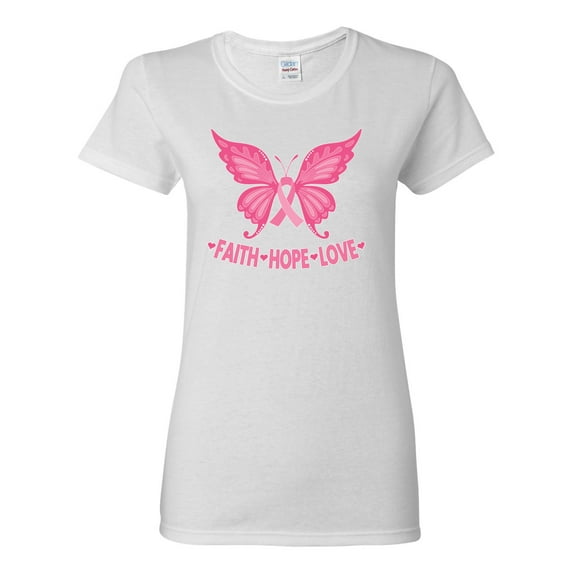 Wild Bobby, Butterfly Pink Ribbon Faith Hope Love, Breast Cancer Awareness, Women Graphic Tee, White, Large