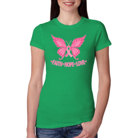Wild Bobby, Butterfly Pink Ribbon Faith Hope Love, Breast Cancer Awareness, Women Slim Fit Junior Tee, Kelly, Large