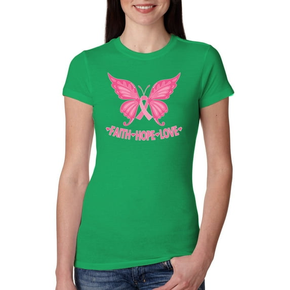 Wild Bobby, Butterfly Pink Ribbon Faith Hope Love, Breast Cancer Awareness, Women Slim Fit Junior Tee, Kelly, Medium