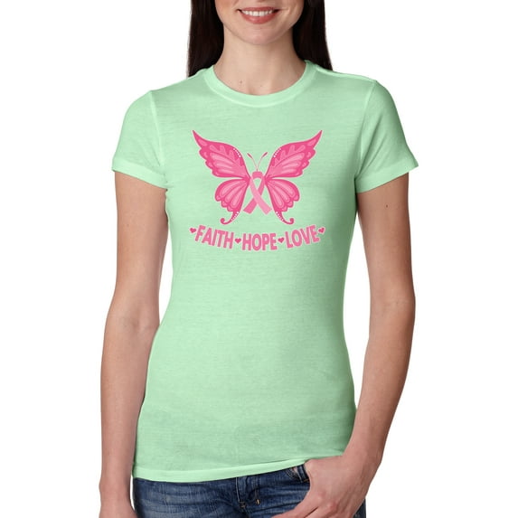 Wild Bobby, Butterfly Pink Ribbon Faith Hope Love, Breast Cancer Awareness, Women Slim Fit Junior Tee, Mint, Large