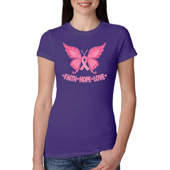 Wild Bobby, Butterfly Pink Ribbon Faith Hope Love, Breast Cancer Awareness, Women Slim Fit Junior Tee, Purple Rush, Small
