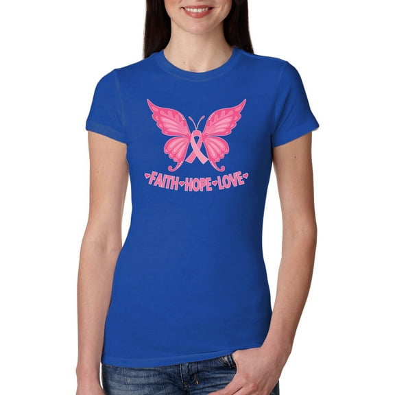Wild Bobby, Butterfly Pink Ribbon Faith Hope Love, Breast Cancer Awareness, Women Slim Fit Junior Tee, Royal, X-Large