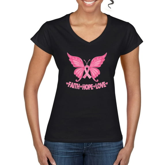 Wild Bobby, Butterfly Pink Ribbon Faith Hope Love, Breast Cancer Awareness, Women Standard V-Neck Tee, Black, Small