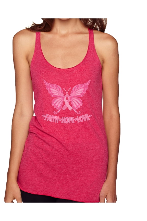 , Butterfly Pink Ribbon Faith Hope Love, Breast Cancer Awareness, Women Tri-Blend Racerback Tank Top, Shocking Pink, X-Large