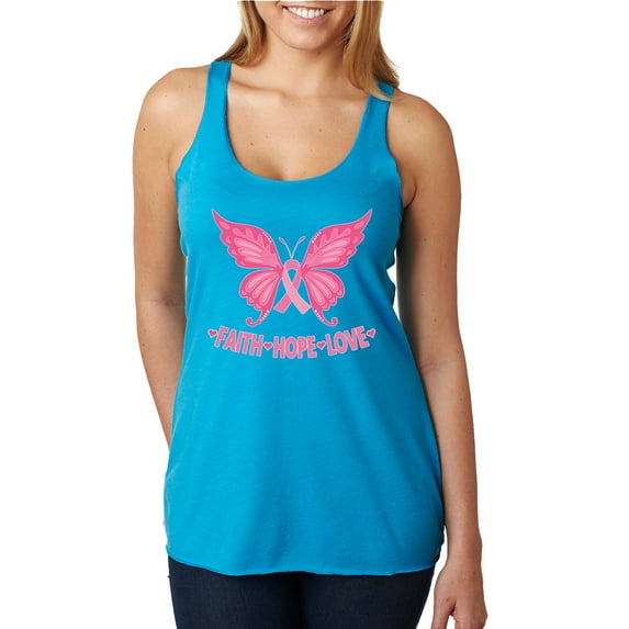 Wild Bobby, Butterfly Pink Ribbon Faith Hope Love, Breast Cancer Awareness, Women Tri-Blend Racerback Tank Top, Vintage Turquoise, Small