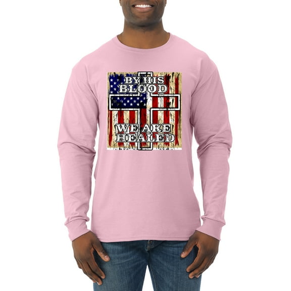 Wild Bobby, By His Blood We Are Healed Inspirational/Christian Mens Long Sleeve Shirt, Light Pink, Small