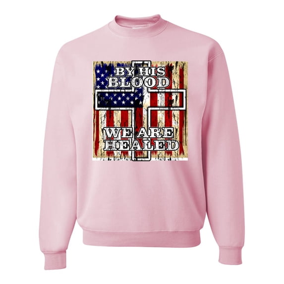 Wild Bobby, By His Blood We Are Healed Inspirational/Christian Unisex Crewneck Graphic Sweatshirt, Light Pink, Small