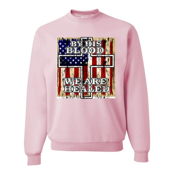 Wild Bobby, By His Blood We Are Healed Inspirational/Christian Unisex Crewneck Graphic Sweatshirt, Light Pink, XX-Large