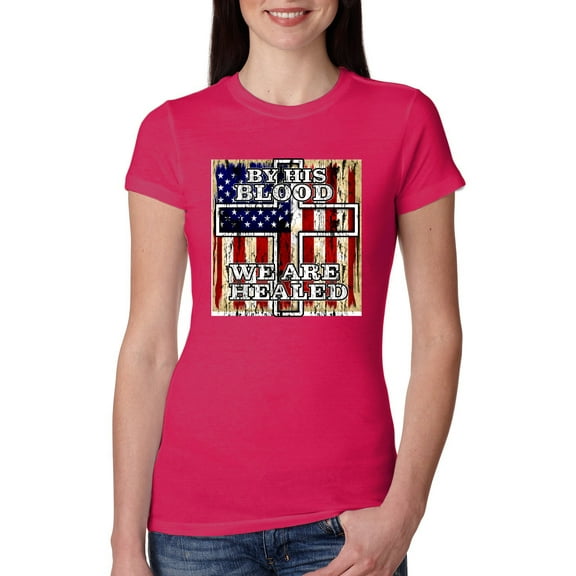Wild Bobby, By His Blood We Are Healed Inspirational/Christian Womens Slim Fit Junior Tee, Raspberry, Large