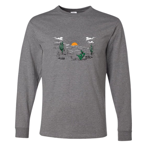 Wild Bobby Cactus Desert Sunset Nature Lover Men Long Sleeve Shirt, Heather Grey, 3X-Large