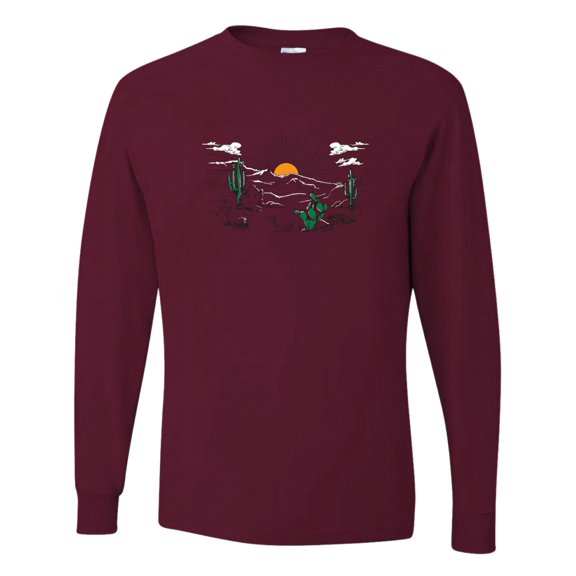 Wild Bobby Cactus Desert Sunset Nature Lover Men Long Sleeve Shirt, Maroon, Medium