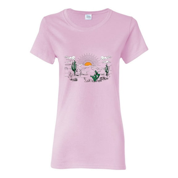 Wild Bobby Cactus Desert Sunset Nature Lover Women Graphic Tee, Light Pink, Small