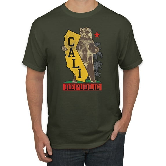 Cali California Bear Holding State Pop Culture Men's Graphic T-Shirt, Military Green, Medium