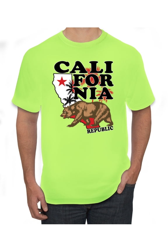 , Cali California Bear Holding State Pop Culture Men's Graphic T-Shirt, Safety Green, Large