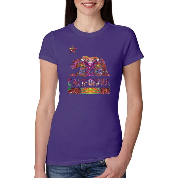 Wild Bobby, California Republic Bear Logo Retro Mandala Mosaic Animal Lover Womens Slim Fit Junior Tee, Purple Rush, Medium