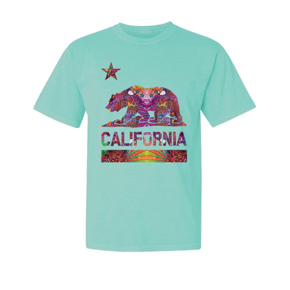 Wild Bobby, California Republic Bear Logo Retro Mandala Mosaic, Streetwear, Garment-Dyed Washed Look Short Sleeve T-Shirt, Mint, X-Large