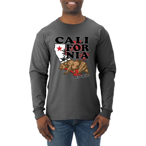 Wild Bobby, California Republic Cali Bear Pop Culture Mens Long Sleeve Shirt, Heather Black, Large