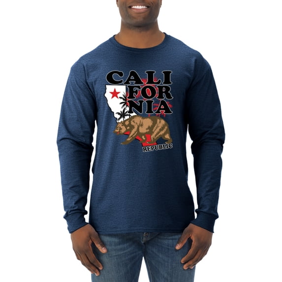 Wild Bobby, California Republic Cali Bear Pop Culture Mens Long Sleeve Shirt, Vintage Heather Navy, 3XL