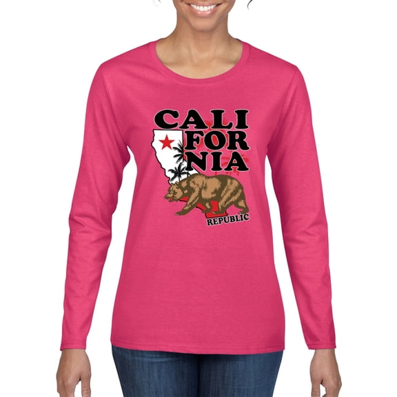 Wild Bobby, California Republic Cali Bear Pop Culture Womens Graphic Long Sleeve T-Shirt, Fuschia, 2XL