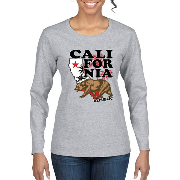 Wild Bobby, California Republic Cali Bear Pop Culture Womens Graphic Long Sleeve T-Shirt, Heather Grey, Large